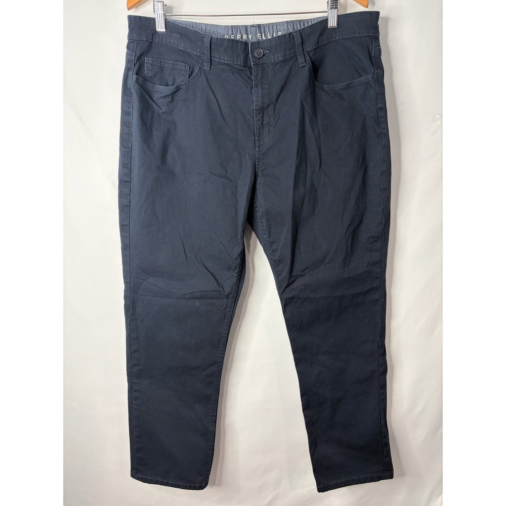Perry Ellis Mens Slim Fit Navy Blue Textured Stretch Pants 38x30 Tapered Chino
